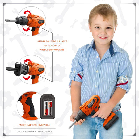 Banco Attrezzi Bambini 2 in 1 con Trapano Elettrico 65 pezzi Valigetta Gioco