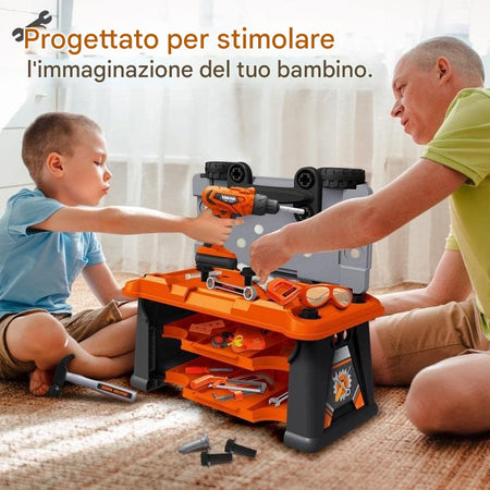 Banco Attrezzi Bambini 2 in 1 con Trapano Elettrico 65 pezzi Valigetta Gioco