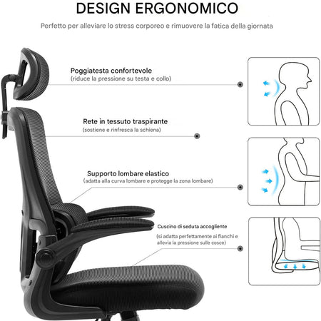 Sedia da Ufficio Ergonomica Nera Rete Traspirante Supporto Lombare e Poggiatesta