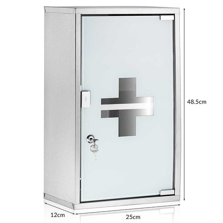 Armadietto Porta Medicinali Acciaio Inox e Vetro Satinato 49x25x12 cm con Chiave