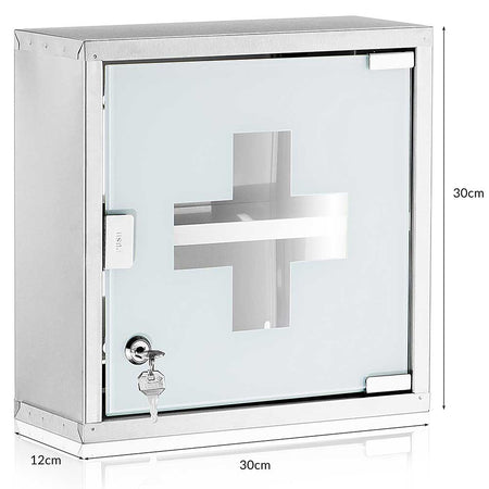 Armadietto Porta Medicinali Acciaio Inox e Vetro Satinato 30x30x12 cm con Chiave