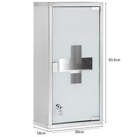 Armadietto Porta Medicinali Acciaio Inox e Vetro Satinato 50x30x18 cm con Chiave