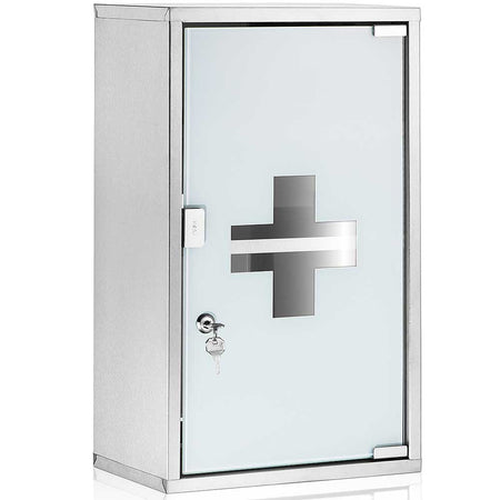 Armadietto Porta Medicinali Acciaio Inox e Vetro Satinato 49x25x12 cm con Chiave
