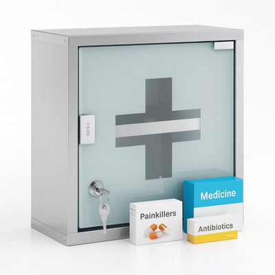 Armadietto Porta Medicinali Acciaio Inox e Vetro Satinato 30x30x12 cm con Chiave