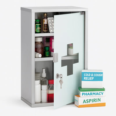 Armadietto Porta Medicinali Acciaio Inox e Vetro Satinato 49x25x12 cm con Chiave