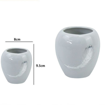 Bicchiere Portaspazzolini Ceramica Bianca Decorato Con Piuma Argento Bagno 59899