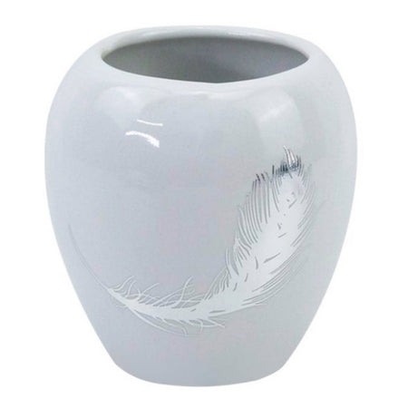 Bicchiere Portaspazzolini Ceramica Bianca Decorato Con Piuma Argento Bagno 59899