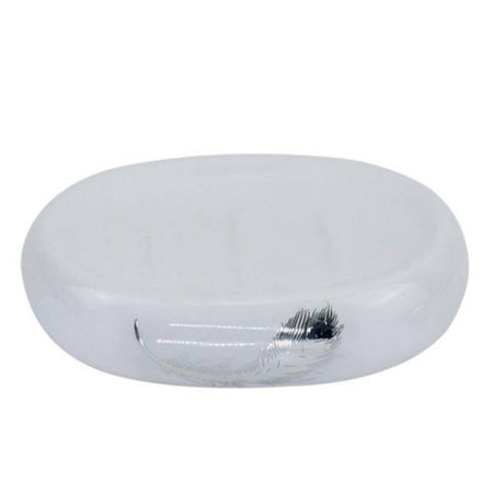 Piattino Per Sapone Saponetta Ceramica Bianca Decorato Piuma Argento Bagno 59900