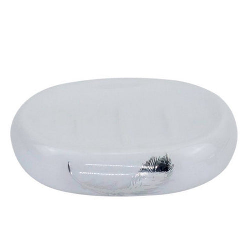 Piattino Per Sapone Saponetta Ceramica Bianca Decorato Piuma Argento Bagno 59900
