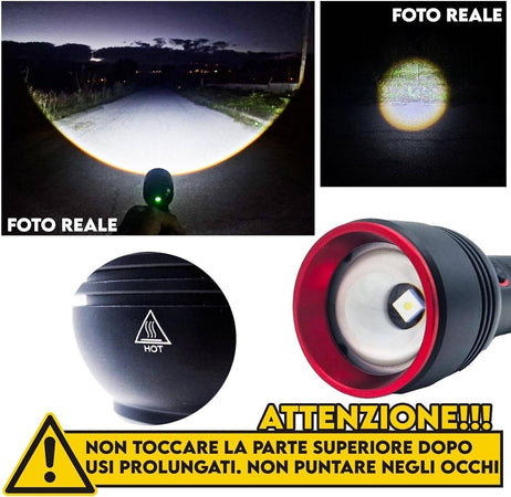 Torcia A Led Professionale Ricaricabile Potente Luce Zoom Fino A 500mt Powerbank