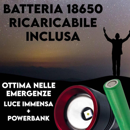 Torcia A Led Professionale Ricaricabile Potente Luce Zoom Fino A 500mt Powerbank