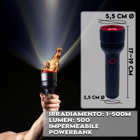 Torcia A Led Professionale Ricaricabile Potente Luce Zoom Fino A 500mt Powerbank