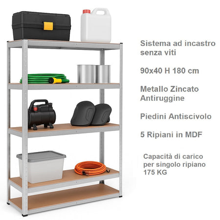 Kit 2 Scaffali Metallo Zincato 5 Ripiani Legno MDF 90x40 H180cm Garage Casa