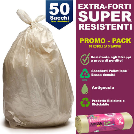 50 x Sacchi per spazzatura Grandi Ambra Trasparenti e Resistenti 90 x 120 cm LDPE