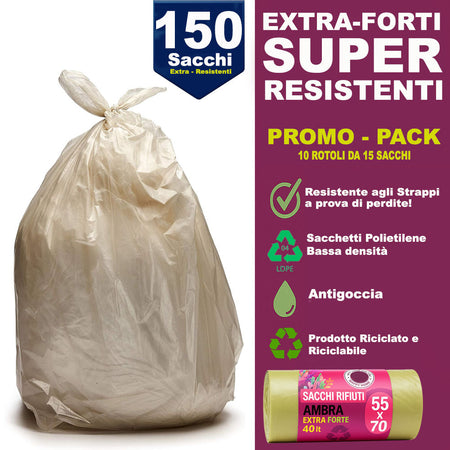 150 x Sacchetti per spazzatura Ambra Trasparenti Grandi e Resistenti 55 x 70 cm LDPE