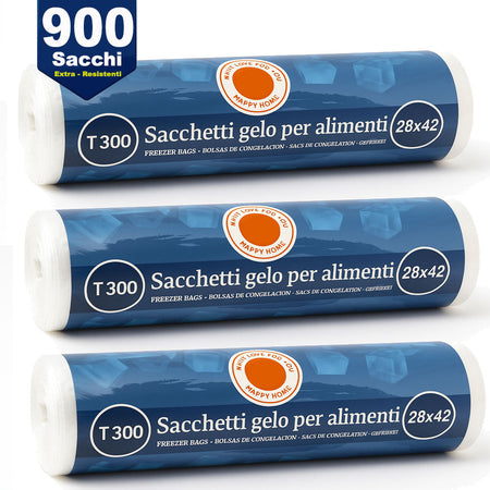 3 x Rotoli Sacchetti Freezer per Alimenti 900 sacchi Congelatore Frigo 28x42cm