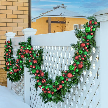 Ghirlanda Natalizia 180cm 142 Palline e Luci Led per Decorazioni Natalizie Rosso e Verde