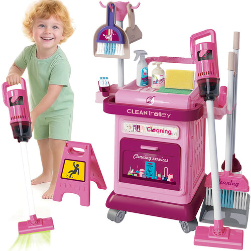 Set Carrello Pulizia Bambini Trolley Rosa Accessori Gioco Educativo Idea Regalo