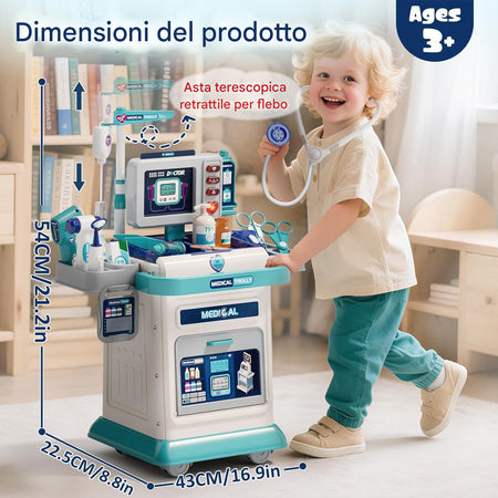 Playset Medico Dottore Gioco Blu con 37 Accessori Carrellino Bambini Idea Regalo