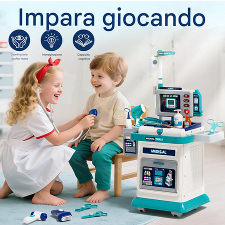 Playset Medico Dottore Gioco Blu con 37 Accessori Carrellino Bambini Idea Regalo
