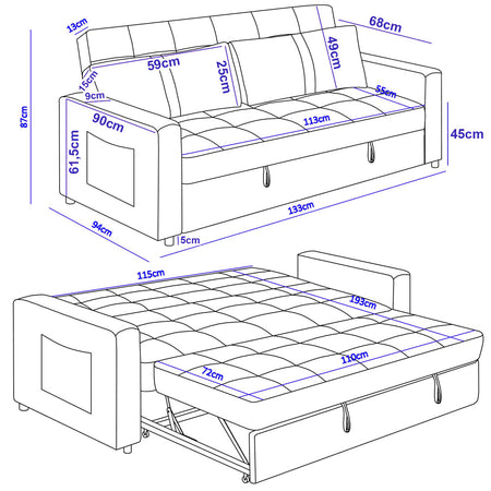 Divano Letto 2 Posti in Velluto Soft con Letto Estraibile e Struttura Rinforzata Beige