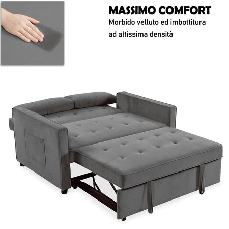 Divano Letto 2 Posti in Velluto Soft con Letto Estraibile e Struttura Rinforzata Grigio