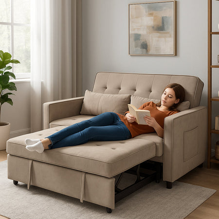 Divano Letto 2 Posti in Velluto Soft con Letto Estraibile e Struttura Rinforzata Beige