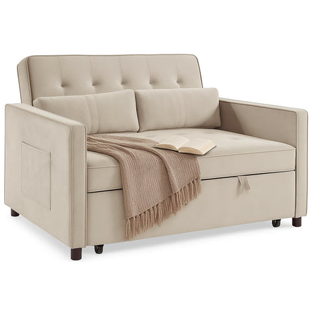 Divano Letto 2 Posti in Velluto Soft con Letto Estraibile e Struttura Rinforzata Beige