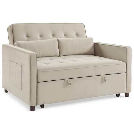 Divano Letto 2 Posti in Velluto Soft con Letto Estraibile e Struttura Rinforzata Beige