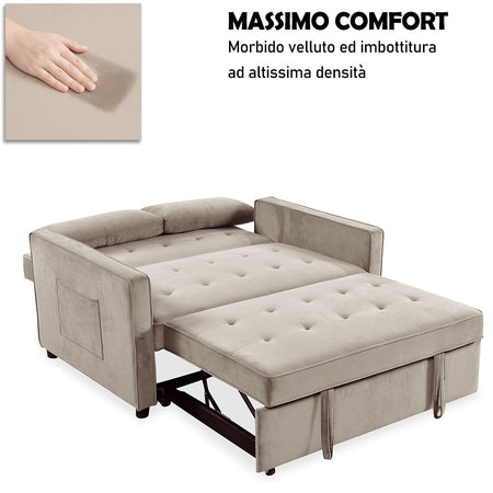 Divano Letto 2 Posti in Velluto Soft con Letto Estraibile e Struttura Rinforzata Beige