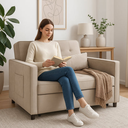 Divano Letto 2 Posti in Velluto Soft con Letto Estraibile e Struttura Rinforzata Beige