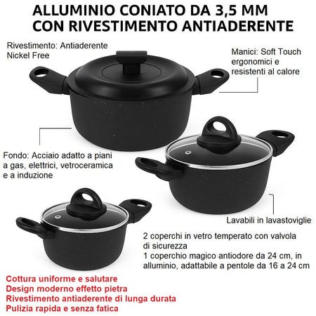 Set Pentole 6pz Pietra con Coperchio Magico Antiodore Casseruole 16 20 24 cm Induzione
