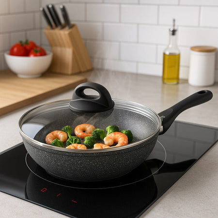 Set Padelle Alte 6pz Pietra con Coperchio Magico Antiodore Padelle 20 24 28 cm Induzione