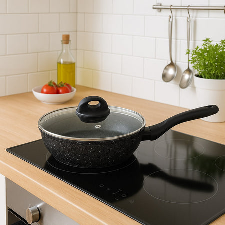 Set Padelle Alte 6pz Pietra con Coperchio Magico Antiodore Padelle 20 24 28 cm Induzione