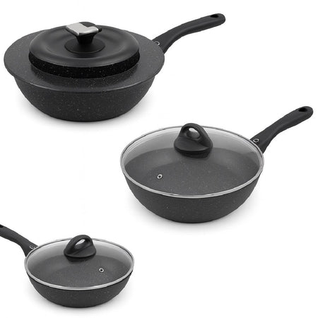 Set Padelle Alte 6pz Pietra con Coperchio Magico Antiodore Padelle 20 24 28 cm Induzione