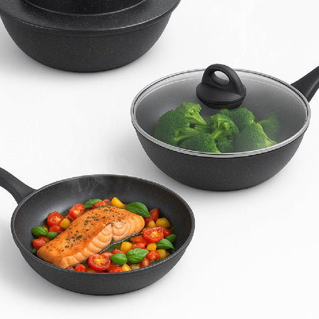 Set Padelle Alte 6pz Pietra con Coperchio Magico Antiodore Padelle 20 24 28 cm Induzione