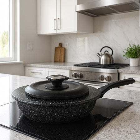 Set Padelle Alte 6pz Pietra con Coperchio Magico Antiodore Padelle 20 24 28 cm Induzione