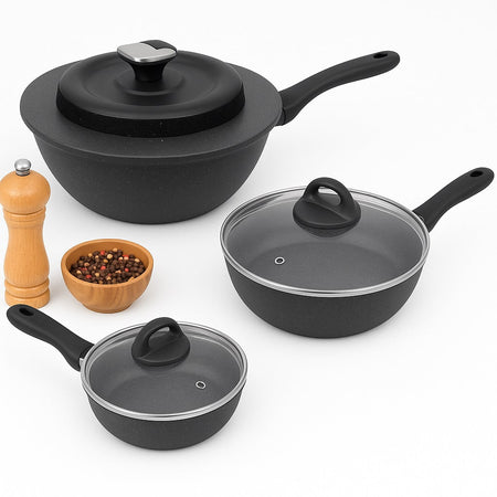 Set Padelle Alte 6pz Pietra con Coperchio Magico Antiodore Padelle 20 24 28 cm Induzione