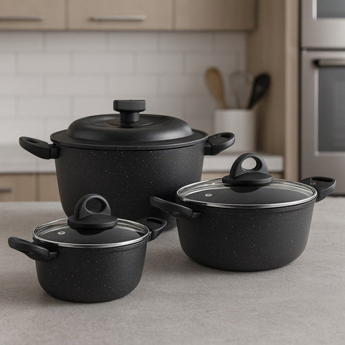 Set Pentole 6pz Pietra con Coperchio Magico Antiodore Casseruole 16 20 24 cm Induzione