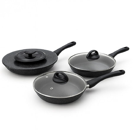 Set Padelle 6pz Pietra con Coperchio Magico Antiodore Padelle 24 28 32 cm Induzione