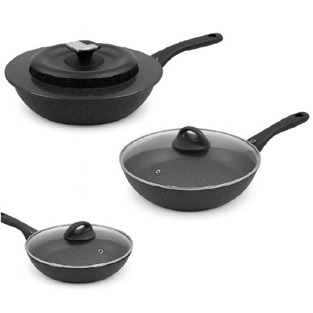 Set Padelle 6pz Pietra con Coperchio Magico Antiodore Padelle 24 28 32 cm Induzione