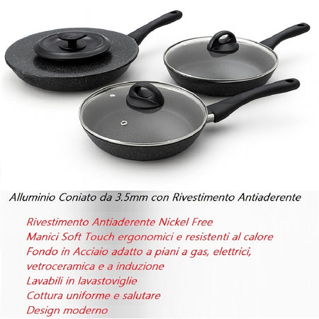 Set Padelle 6pz Pietra con Coperchio Magico Antiodore Padelle 24 28 32 cm Induzione