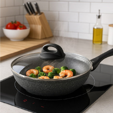 Set Padelle 6pz Pietra con Coperchio Magico Antiodore Padelle 24 28 32 cm Induzione