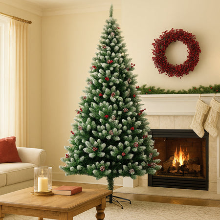 Albero di Natale Mingerl 180cm con Punte Innevate 800 e Bacche Super Folto