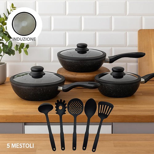 Set Padelle Induzione Pietra Antiaderenti 24/28/32 cm con Coperchi e 5mestoli Nero