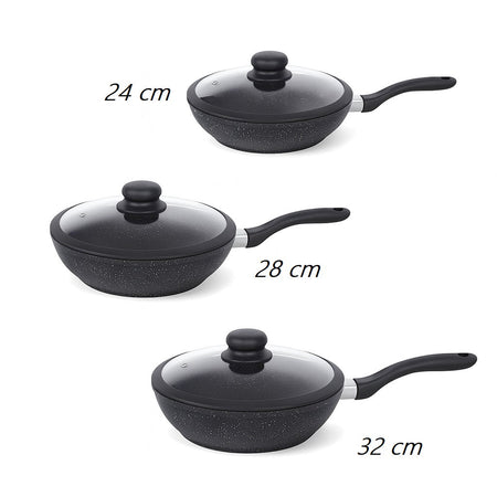 Set Padelle Induzione Pietra Antiaderenti 24/28/32 cm con Coperchi e 5mestoli Nero