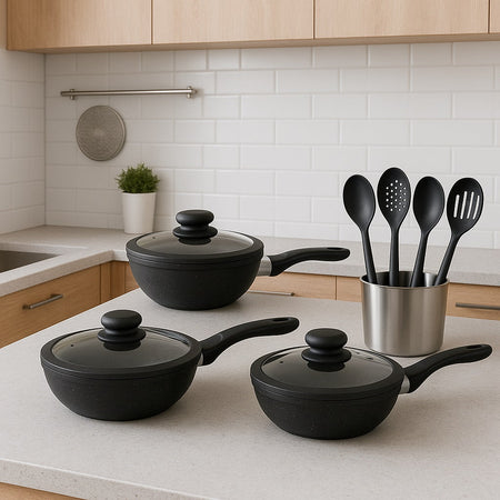 Set Padelle Induzione Pietra Antiaderenti 24/28/32 cm con Coperchi e 5mestoli Nero