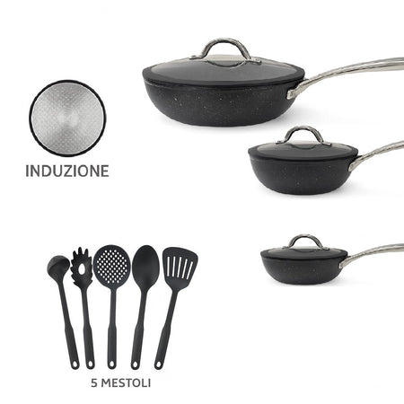 Set Padelle Induzione Pietra Antiaderenti 20/24/28 cm con Coperchi e 5mestoli Nero