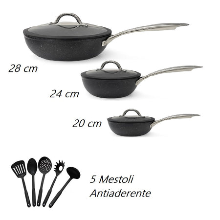 Set Padelle Induzione Pietra Antiaderenti 20/24/28 cm con Coperchi e 5mestoli Nero