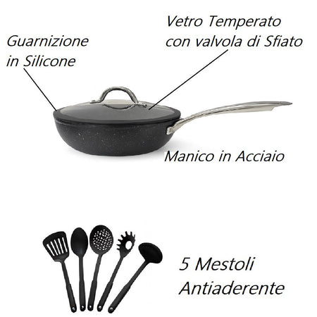 Set Padelle Induzione Pietra Antiaderenti 20/24/28 cm con Coperchi e 5mestoli Nero